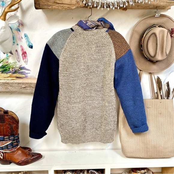 Woven in Scotland patchwork boho tweed wool sweater w equestrian farmhouse vibe - Picture 10 of 14